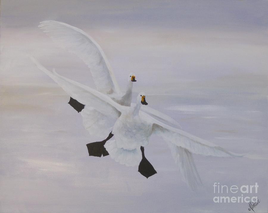 White Geese Flying Painting by Almeta Lennon