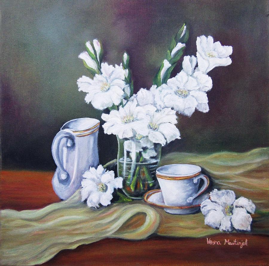 Flower Painting - White Gladioli by Vesna Martinjak