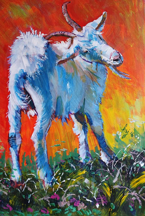 Goat Painting - White Goat Painting - Scratching My Back by Mike Jory
