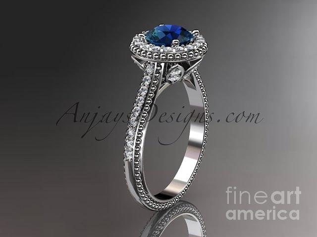 Diamond Engagement Ring Jewelry - white gold diamond floral wedding ring engagement ring with blue sapphire center stone ADLR101 by AnjaysDesigns com