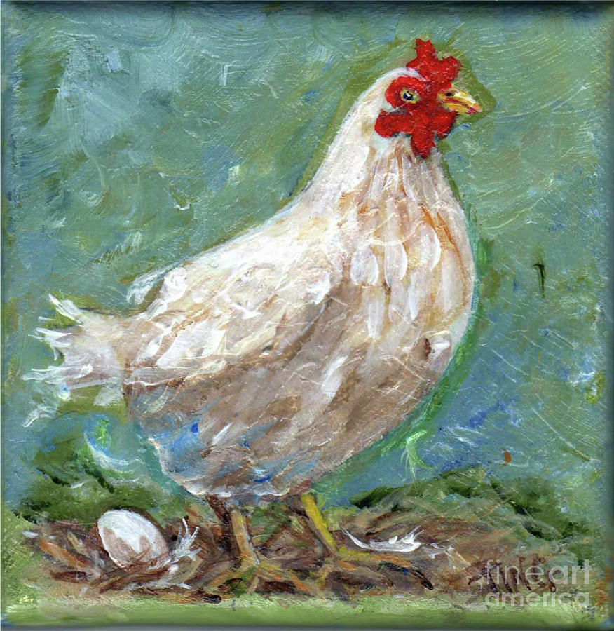 White Hen lays egg Painting by Doris Blessington