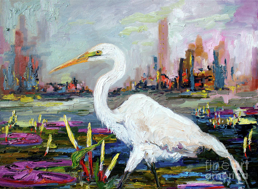 White Heron and City Skyline Painting by Ginette Callaway