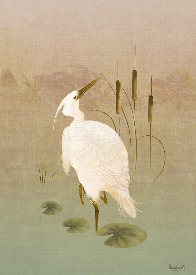 White Heron in Bulrushes Digital Art by M Spadecaller