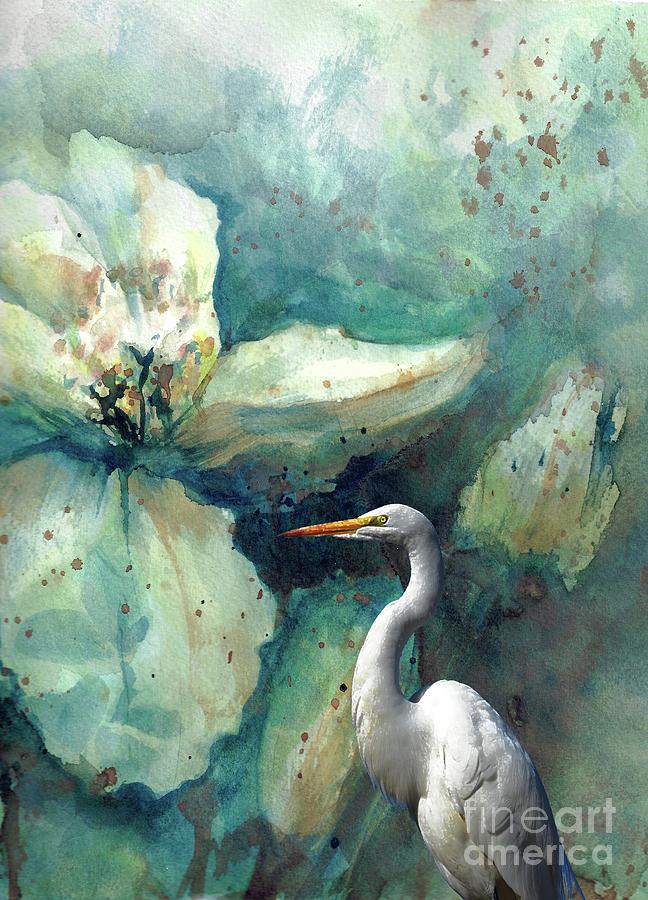 White Heron on Teal Bloom Painting by Francelle Theriot