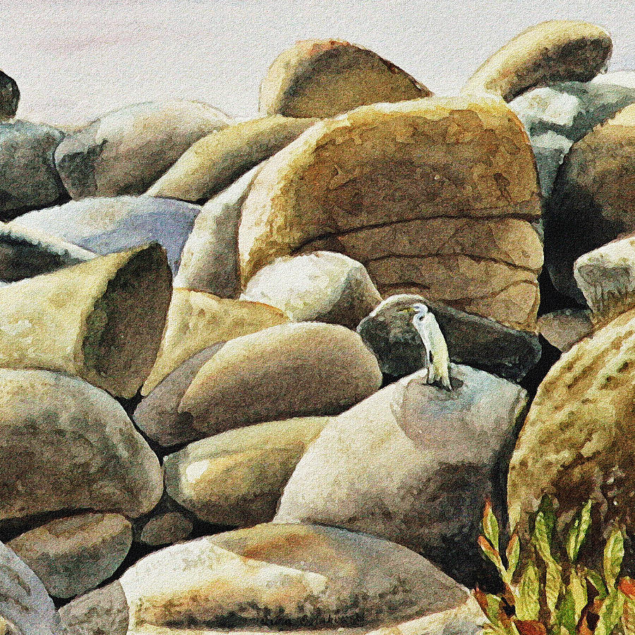 White Heron Resting On The Rock Painting by Irina Sztukowski