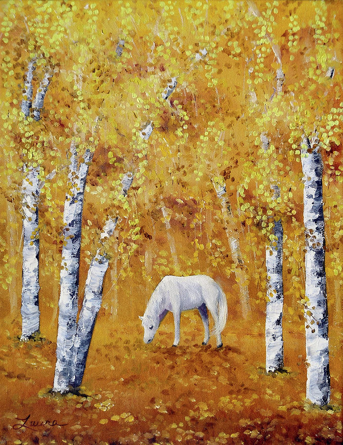 White Horse in Golden Woods Painting by Laura Iverson