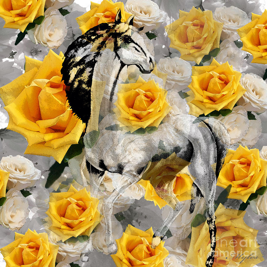 White Horse Yellow Roses Painting by Saundra Myles