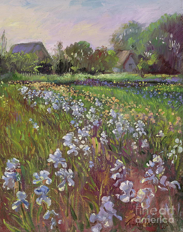 White Irises and Farmstead Painting by Timothy Easton