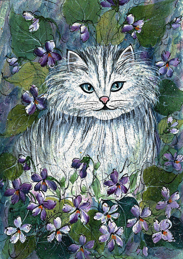 White Kitten With Violets Painting by Natalie Holland