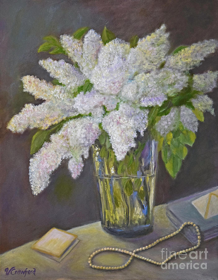 White Lilacs, a Note and Pearls Painting by Verlaine Crawford