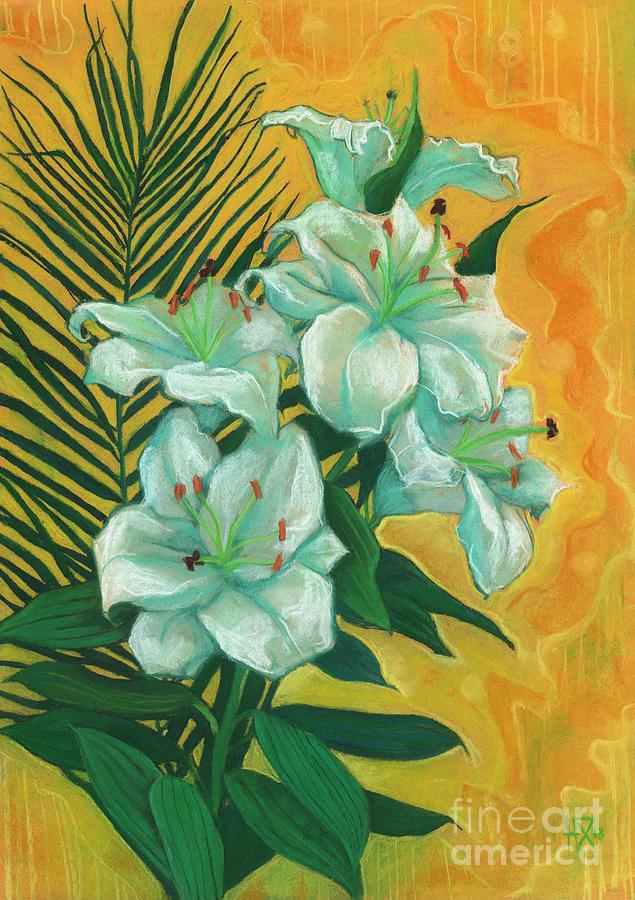 White Lilies and Palm Leaf Painting by Julia Khoroshikh