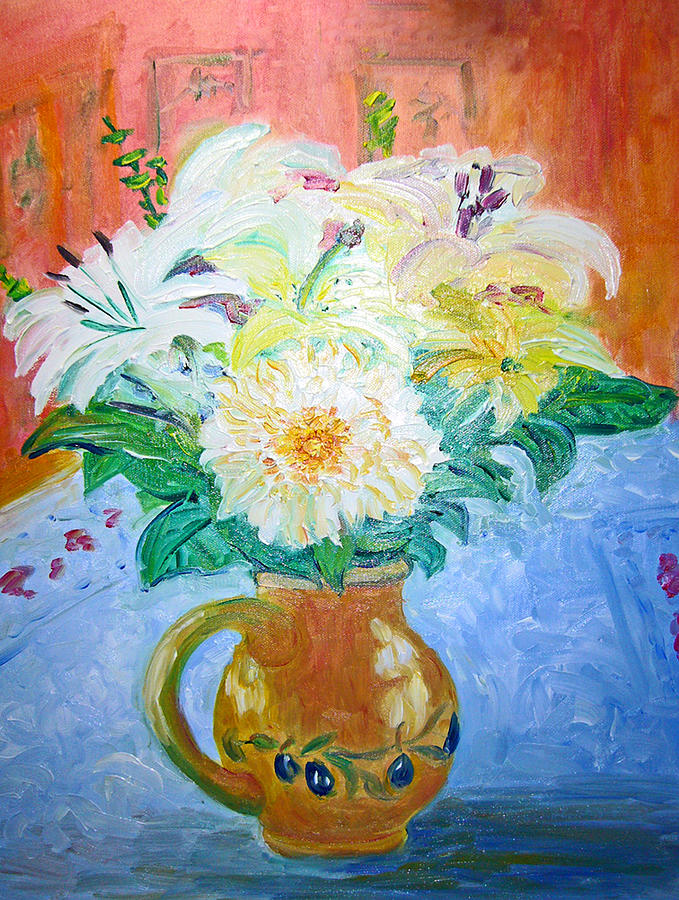 White Lilies in Olive Jug Painting by Barbara Anna Knauf