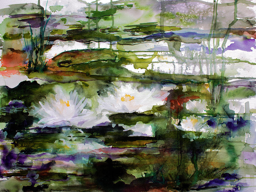 White Lilies on Black Water Wetland Painting by Ginette Callaway