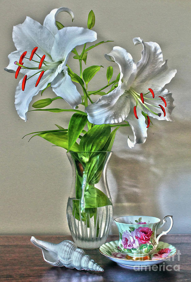 White Lily, Shell, and Tea Cup Still Life Photograph by Nina Silver