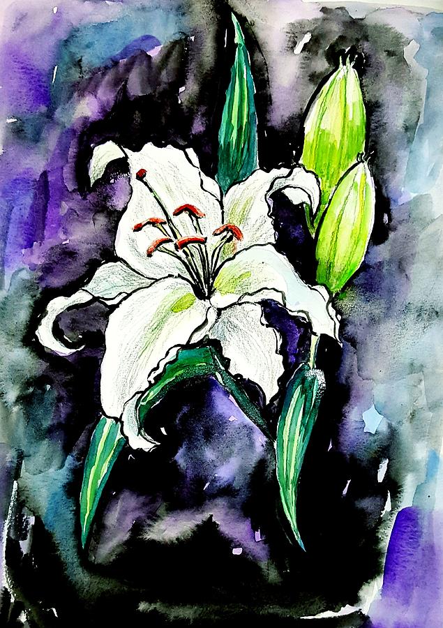 White lily watercolor  Painting by Hae Kim