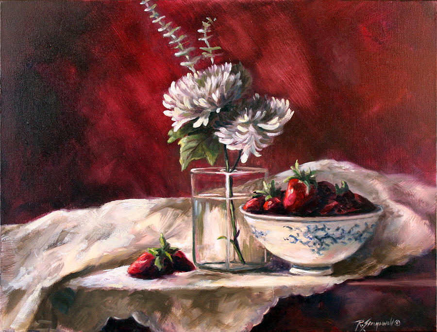 Strawberries Painting - White Mums by Ruth Stromswold Strawberries Painting - White Mums by Ruth Stromswold