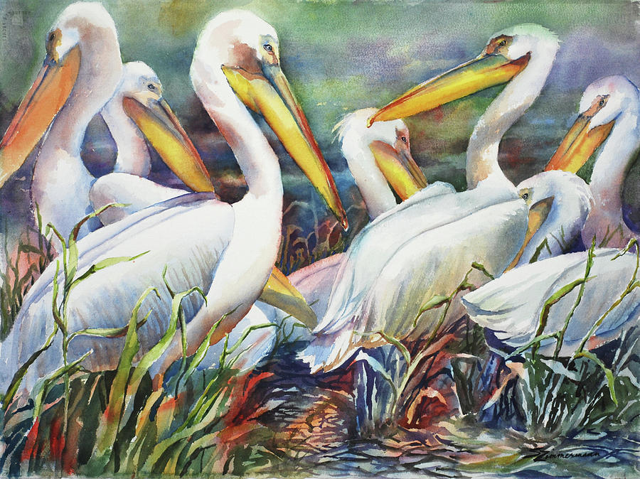 White Pelicans Painting by Sue Zimmermann