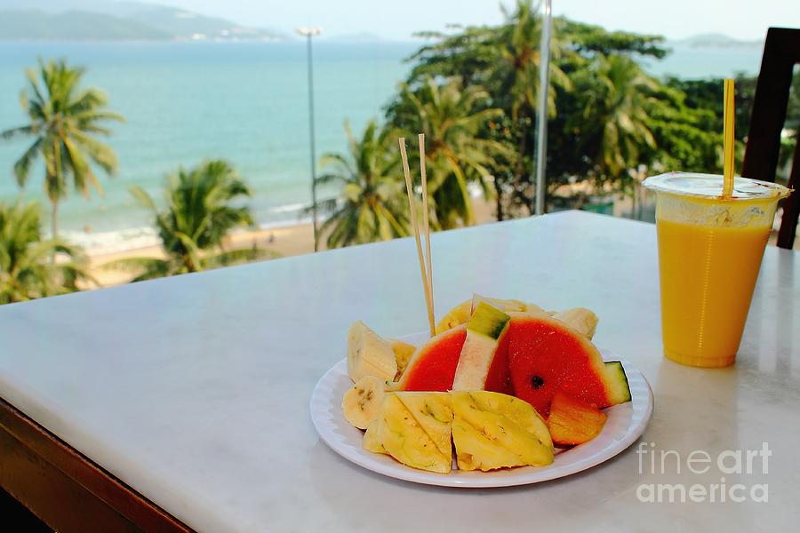 White Plate With Sliced Fruit Watermelon, Mango, Banana, Pineapple And Fresh Juic Photograph