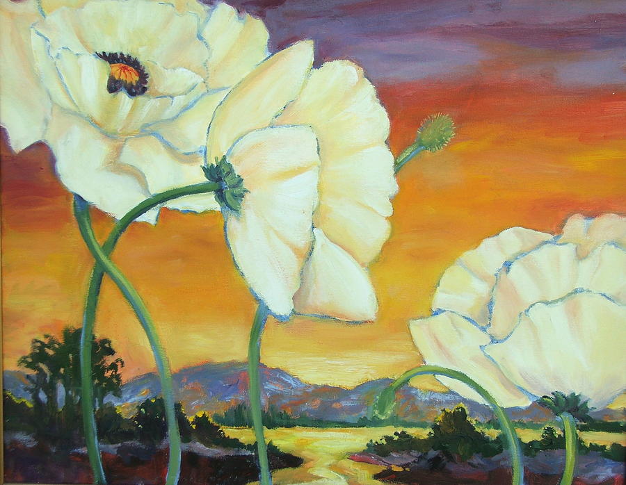 Sunset Painting - White Poppies Dancing by Dianna Willman