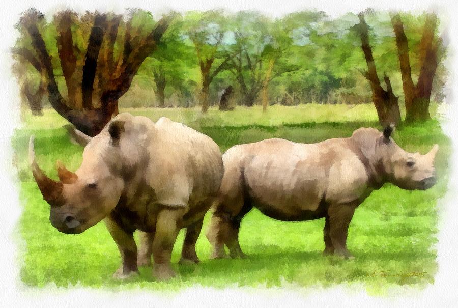 White Rhinos Painting by Maciek Froncisz