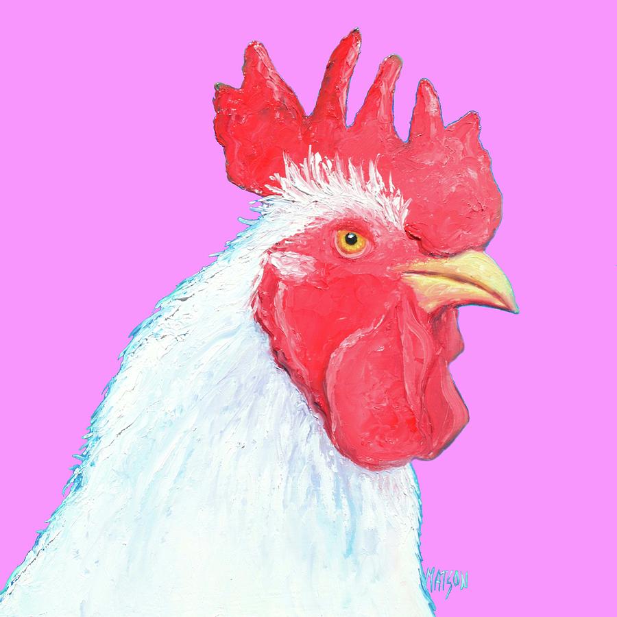 White Rooster On Pink Background Painting