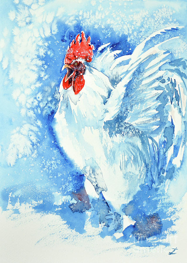 White Rooster  Painting by Zaira Dzhaubaeva