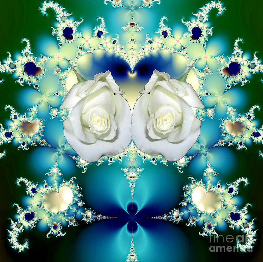 White Roses  And Blue Satin Bouquet Fractal Abstract Mixed Media