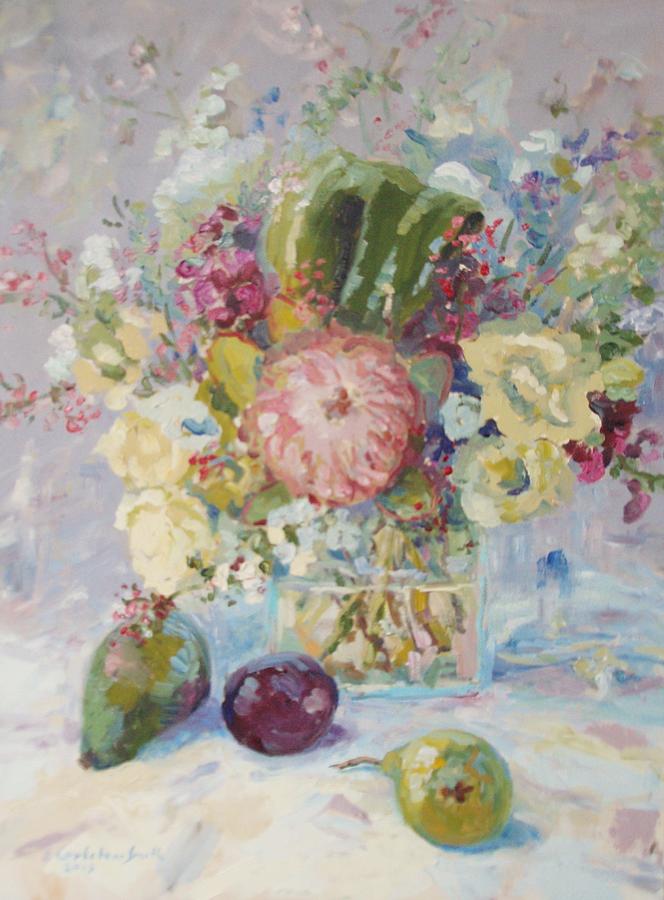 White Roses and Protea with Fruit Painting by Elinor Fletcher