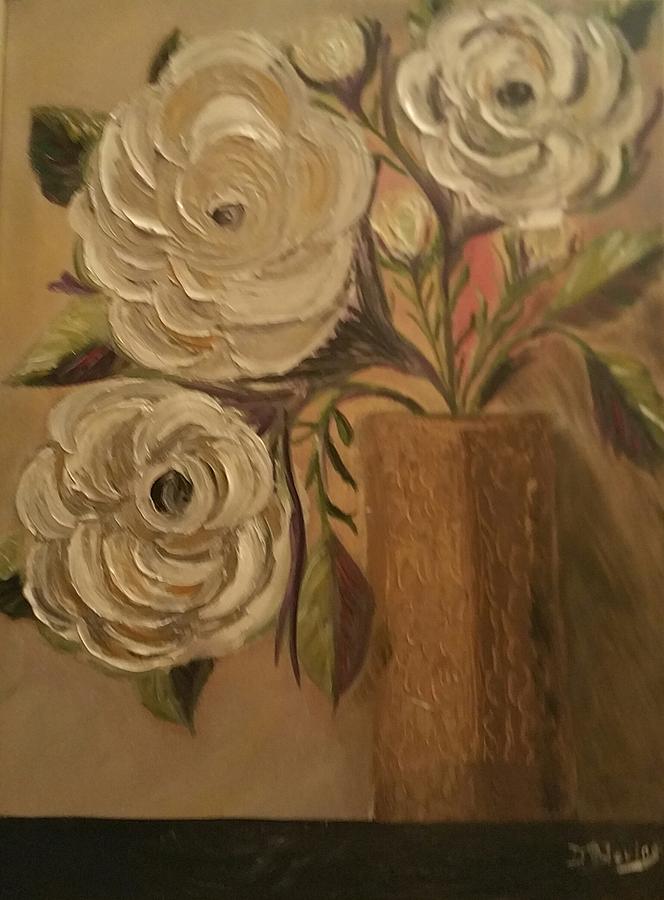 White Roses In A Brown Vase. Painting