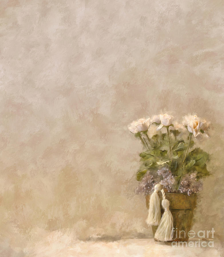 Rose Digital Art - White Roses In Old Clay Pot by Lois Bryan