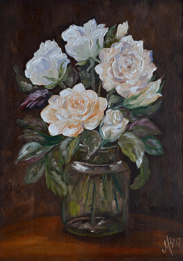 Vintage Painting - White Roses In The Glass Jar by M B