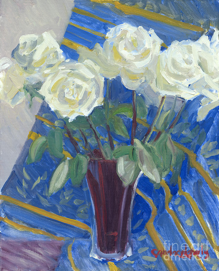 White Roses with Red and Blue Painting by Candace Lovely