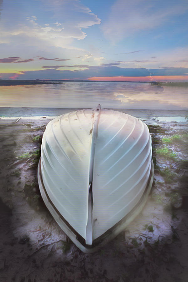White Rowboat Waiting on a Blue Morning  Photograph by Debra and Dave Vanderlaan