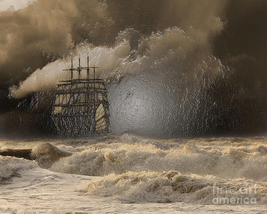 Majestic Old Ship Sailing Through Clouds and Waves. Journey back in time  Digital Art by Landscape