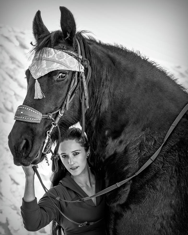 White Sands Horse and Rider #1 Black and White Photograph by Walter Herrit