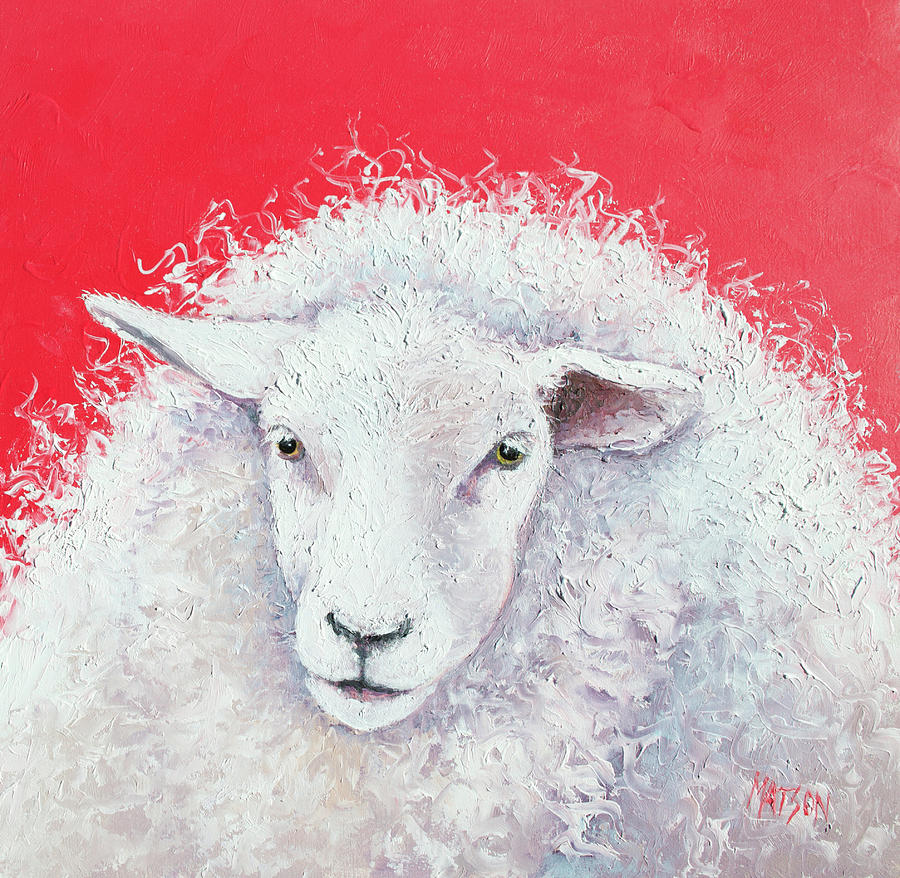 Sheep Painting - White Sheep on red background by Jan Matson