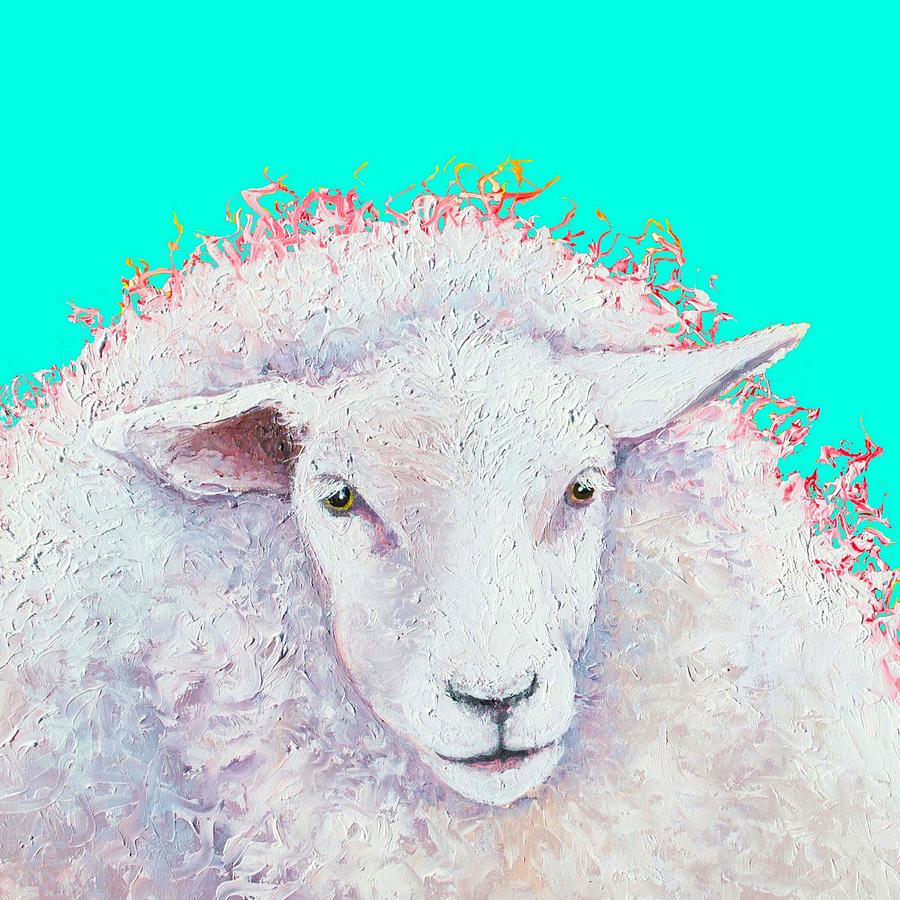 White sheep on turquoise background Painting by Jan Matson