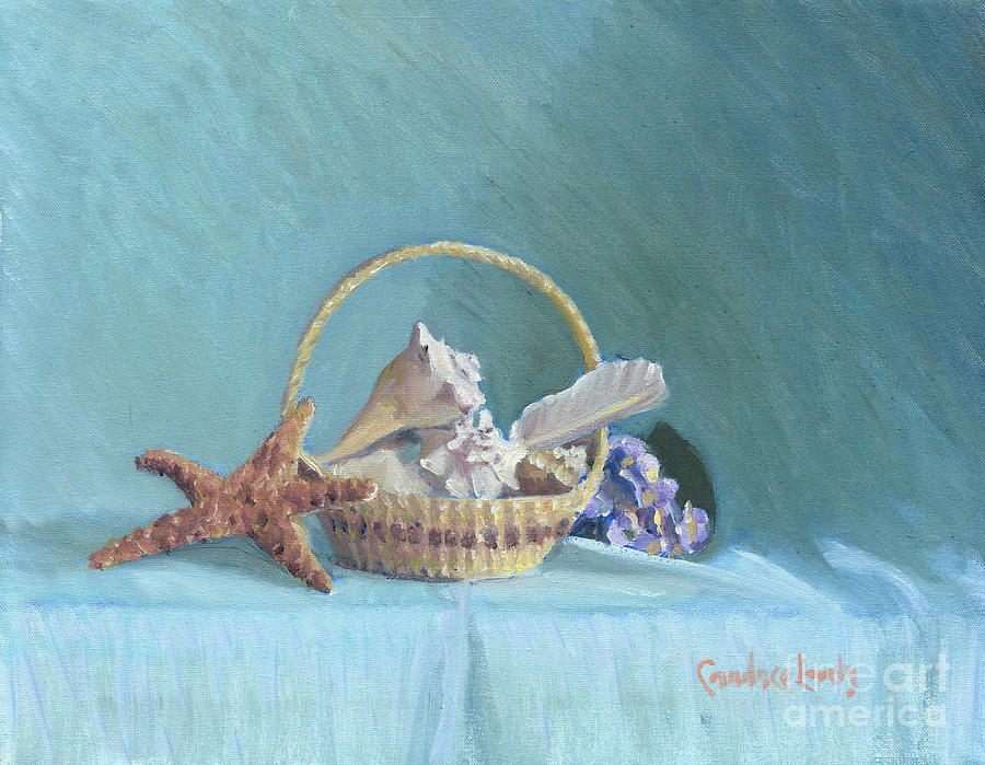 Still Life Painting - White Shells on Blue by Candace Lovely