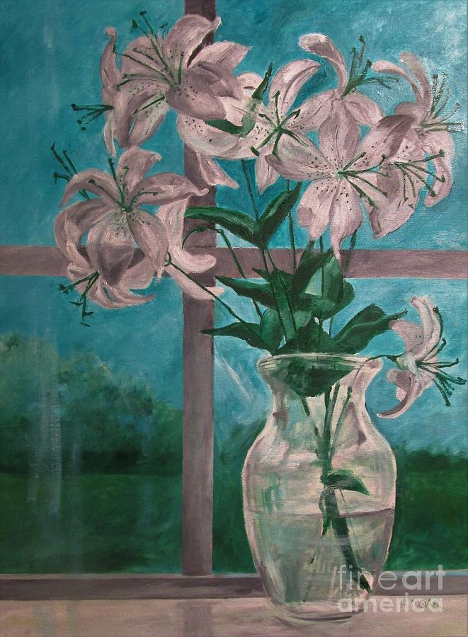 White Silk Lilies on the Window Sill Painting by Barbara Moak