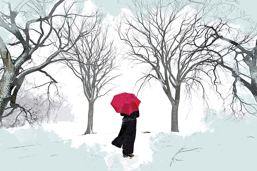 White Snow Grey Sky and Red Umbrella Painting by Elaine Plesser - Fine ...