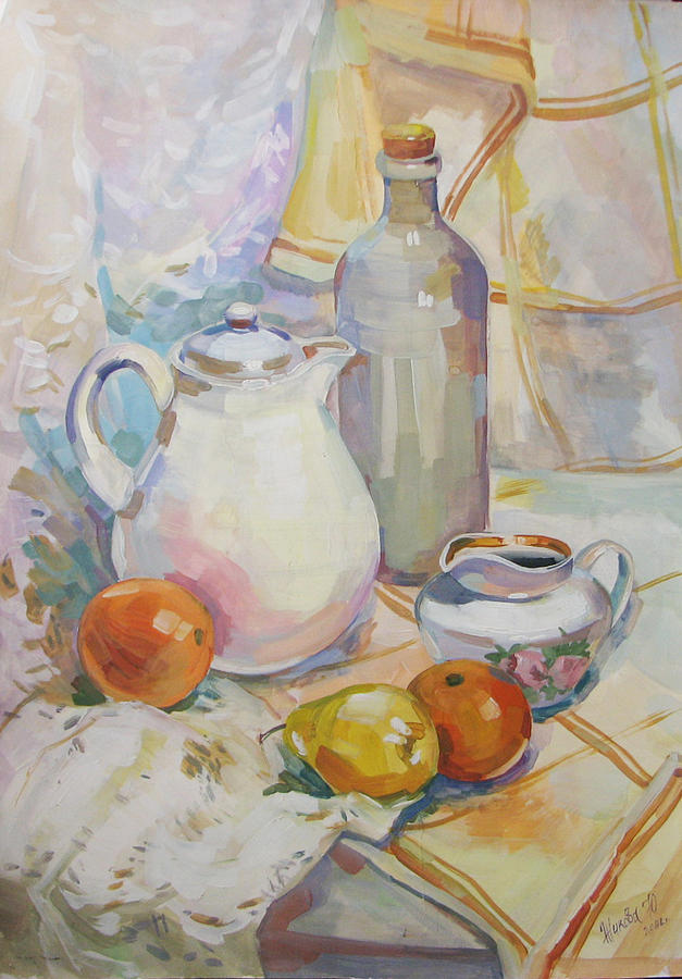 White still life with oranges Painting by Juliya Zhukova