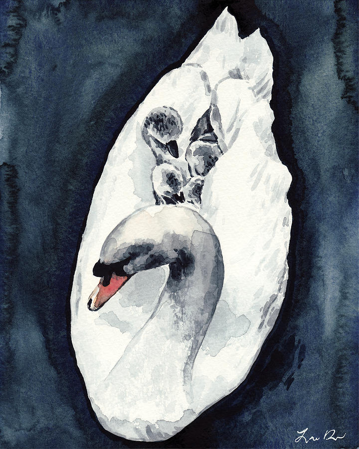 Swan Painting - White Swan Mother and Babies on Lake Cygnets Swan Lake by Laura Row