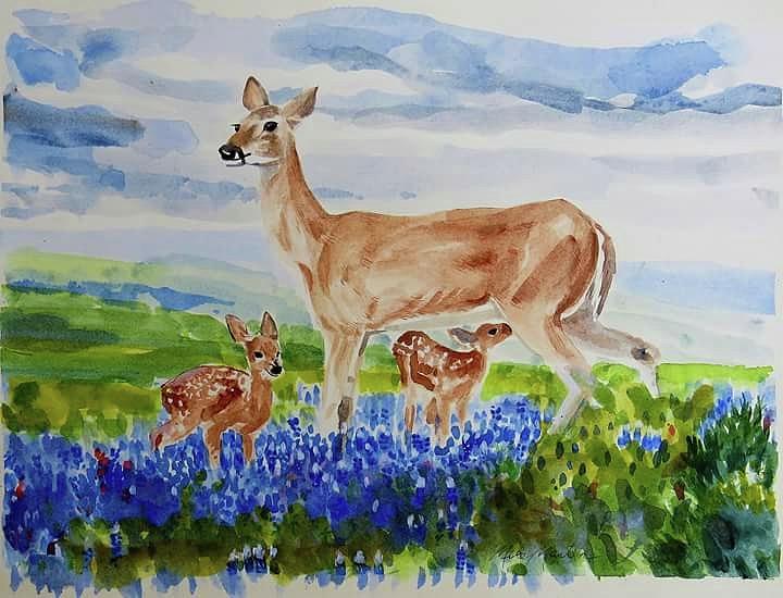 Deer Painting - White Tail Bluebonnets by Mike Martin