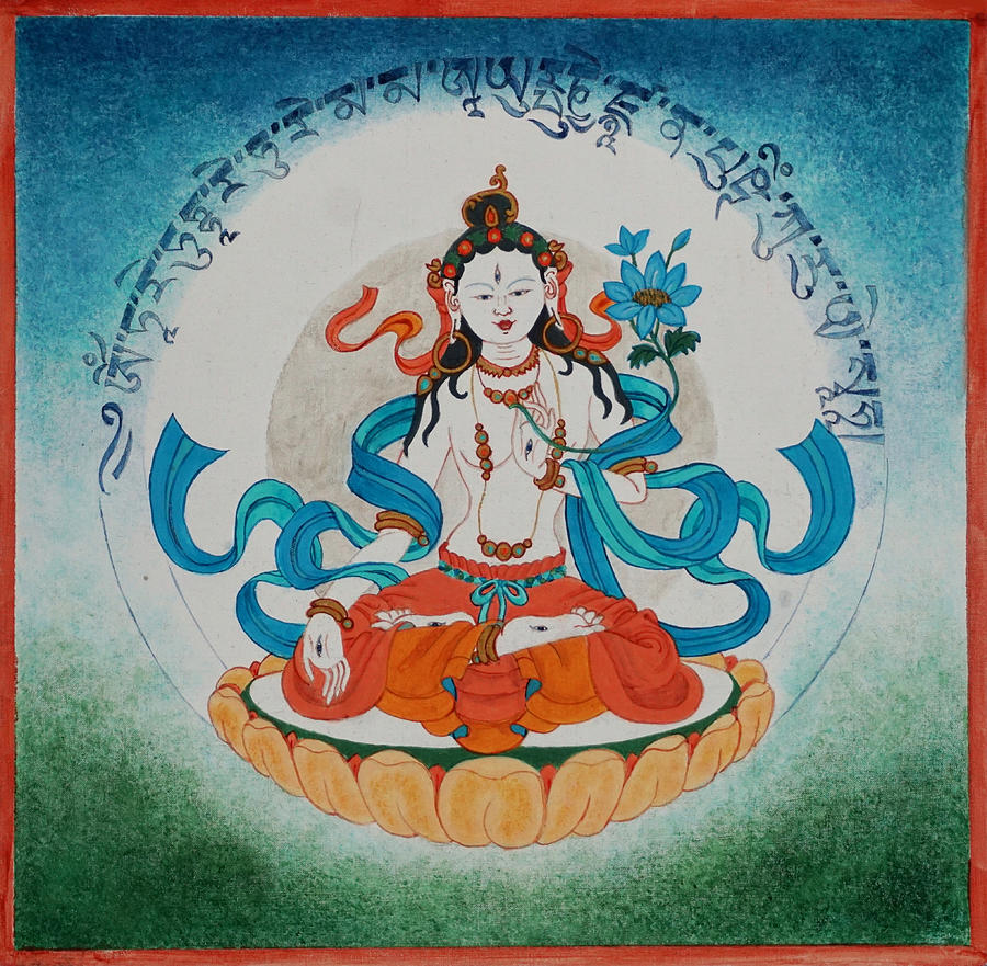 Thangka Painting - White Tara with her mantra by Berty Sieverding
