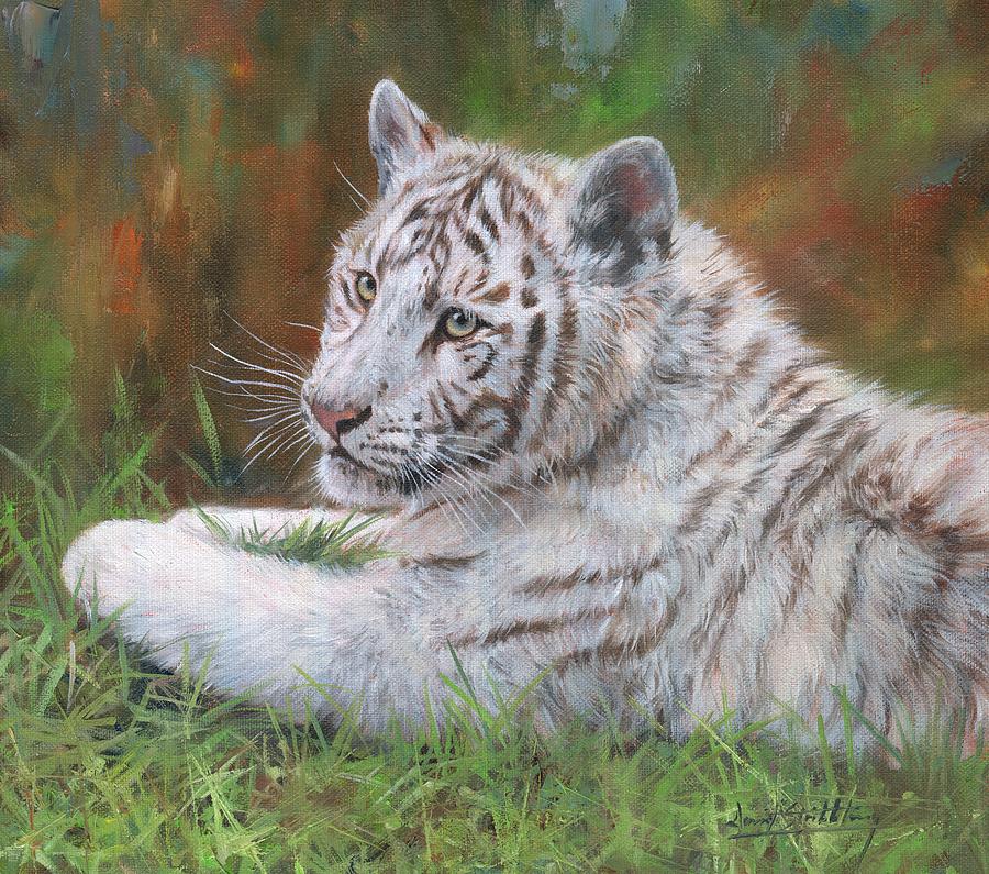 Animal Painting - White Tiger Cub 2 by David Stribbling