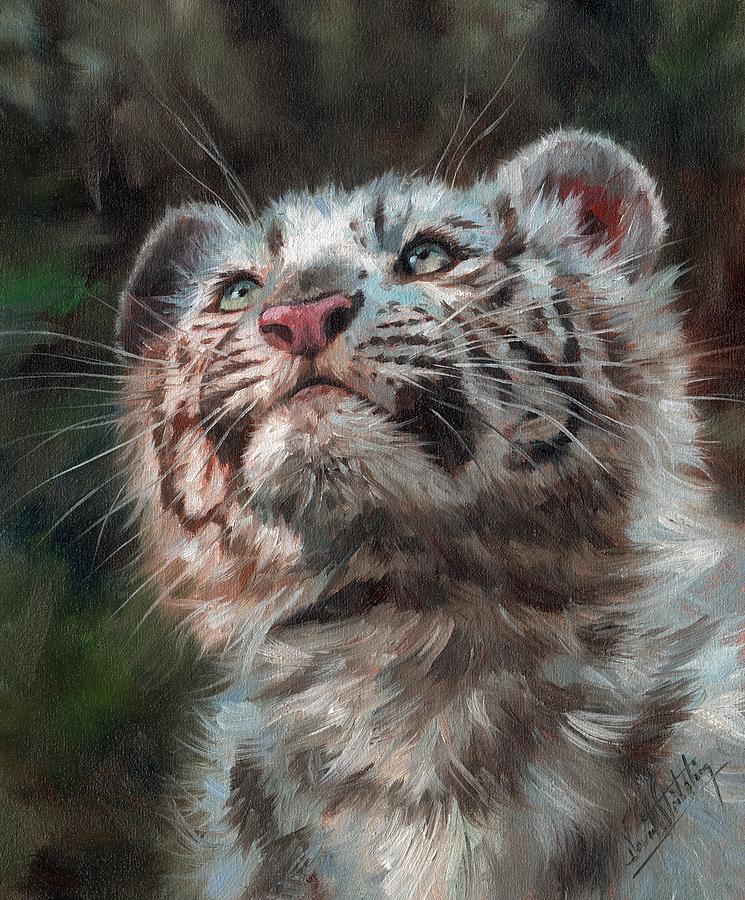 White Tiger Cub Painting by David Stribbling
