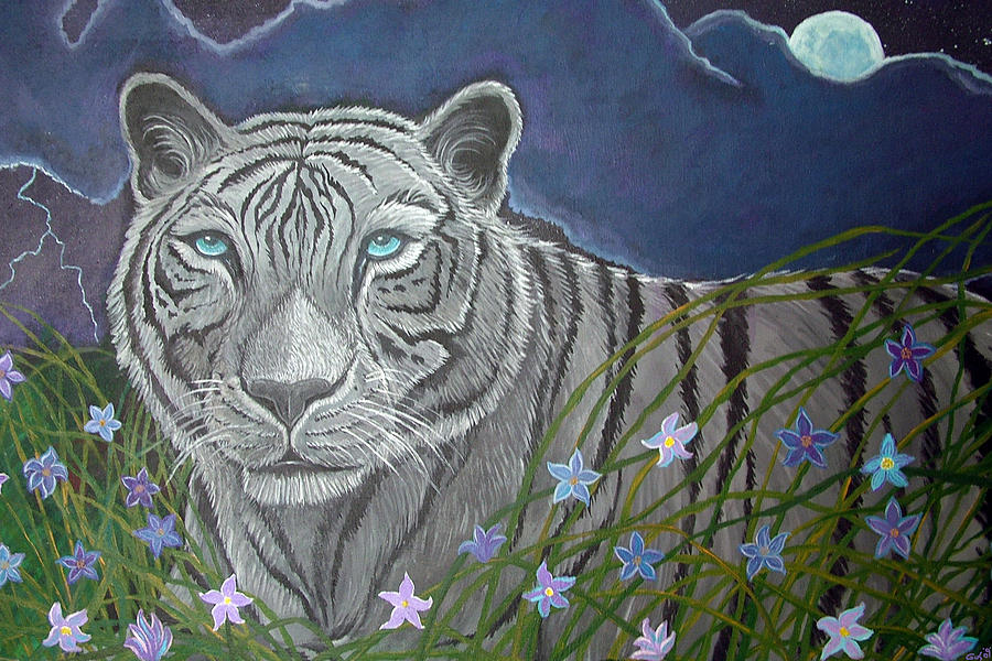 White Tigers Painting - White tiger in moonlight by Nick Gustafson