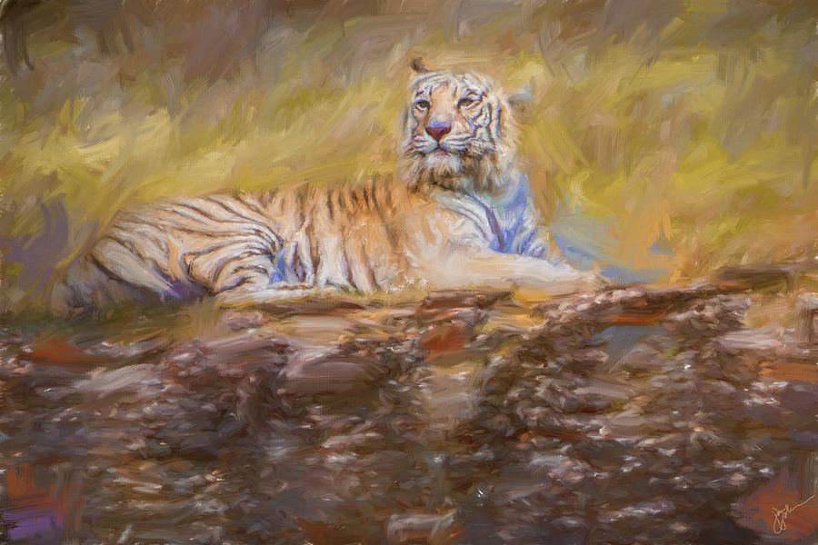 White Tiger On The Rocks Painting by Jai Johnson