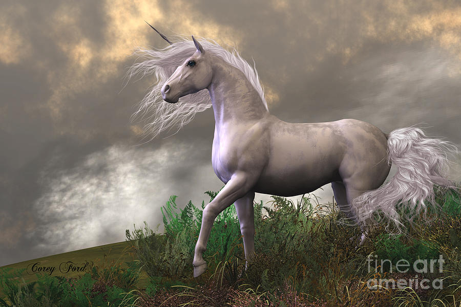 White Unicorn Stallion Painting by Corey Ford