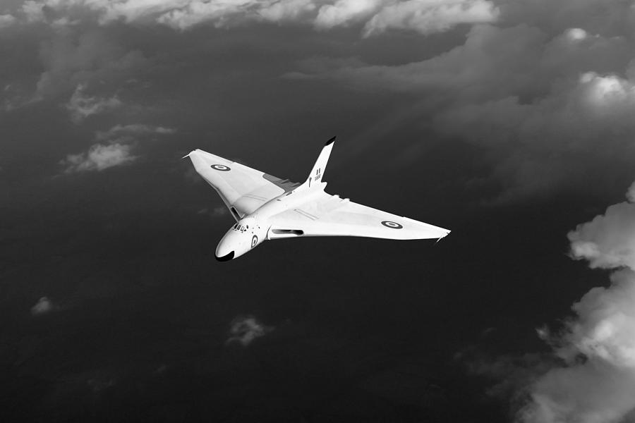 Avro Vulcan Digital Art - White Vulcan B1 at altitude black and white version by Gary Eason